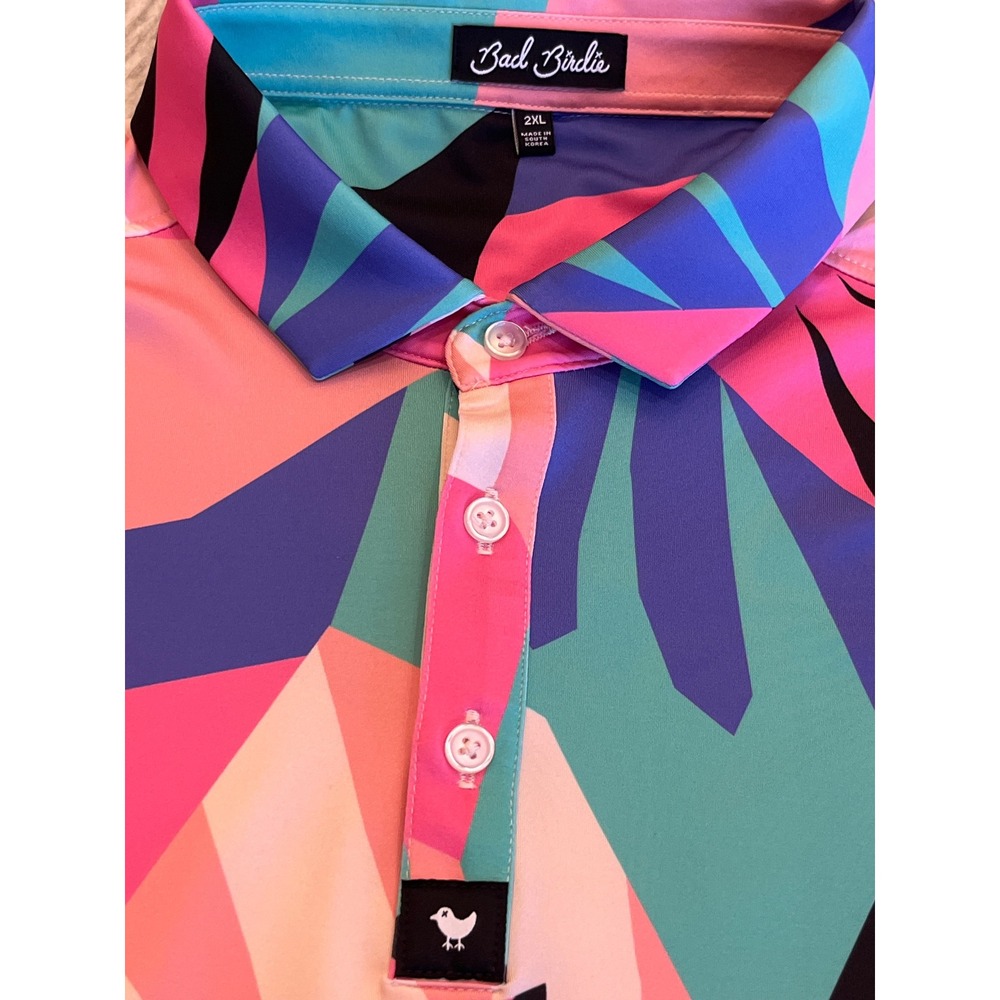 Bad Birdie Mens 2XL Geometric Floral Golf Polo Shirt Pink Teal Performance 2XL